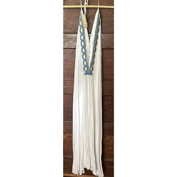 Asa Kaftans White Halter Dress Gold Turquoise Beading Size L / XL High Low - Picture 4 of 10